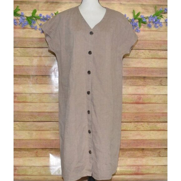 J. Jill Love Linen Brown Button Up Shirt Dress Size M Tall Neutral Lagenlook - Picture 1 of 9